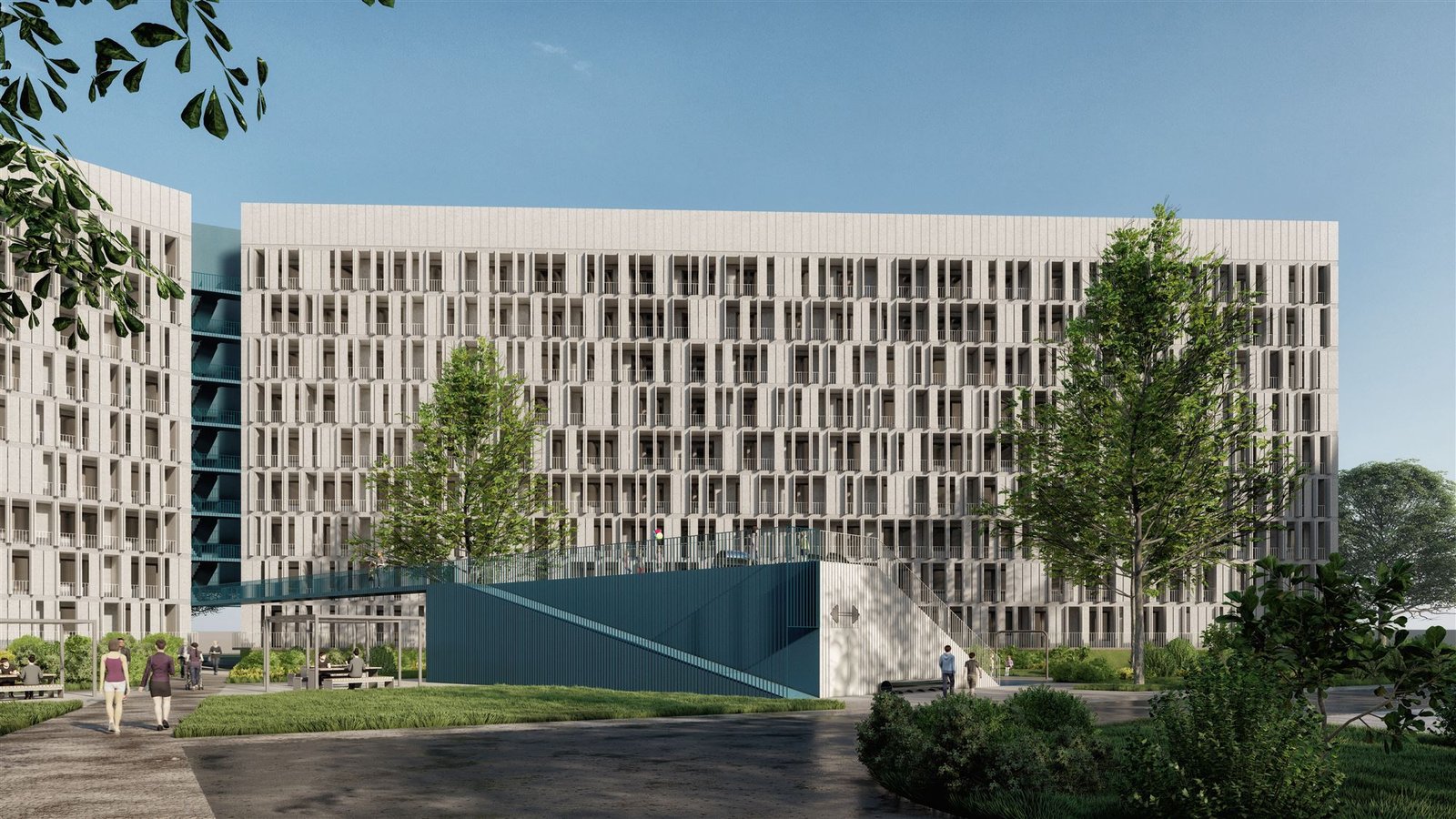 The Wall, Charkivas: ilgas gyvenamasis korpusas su balkonų ritmu ir želdynais