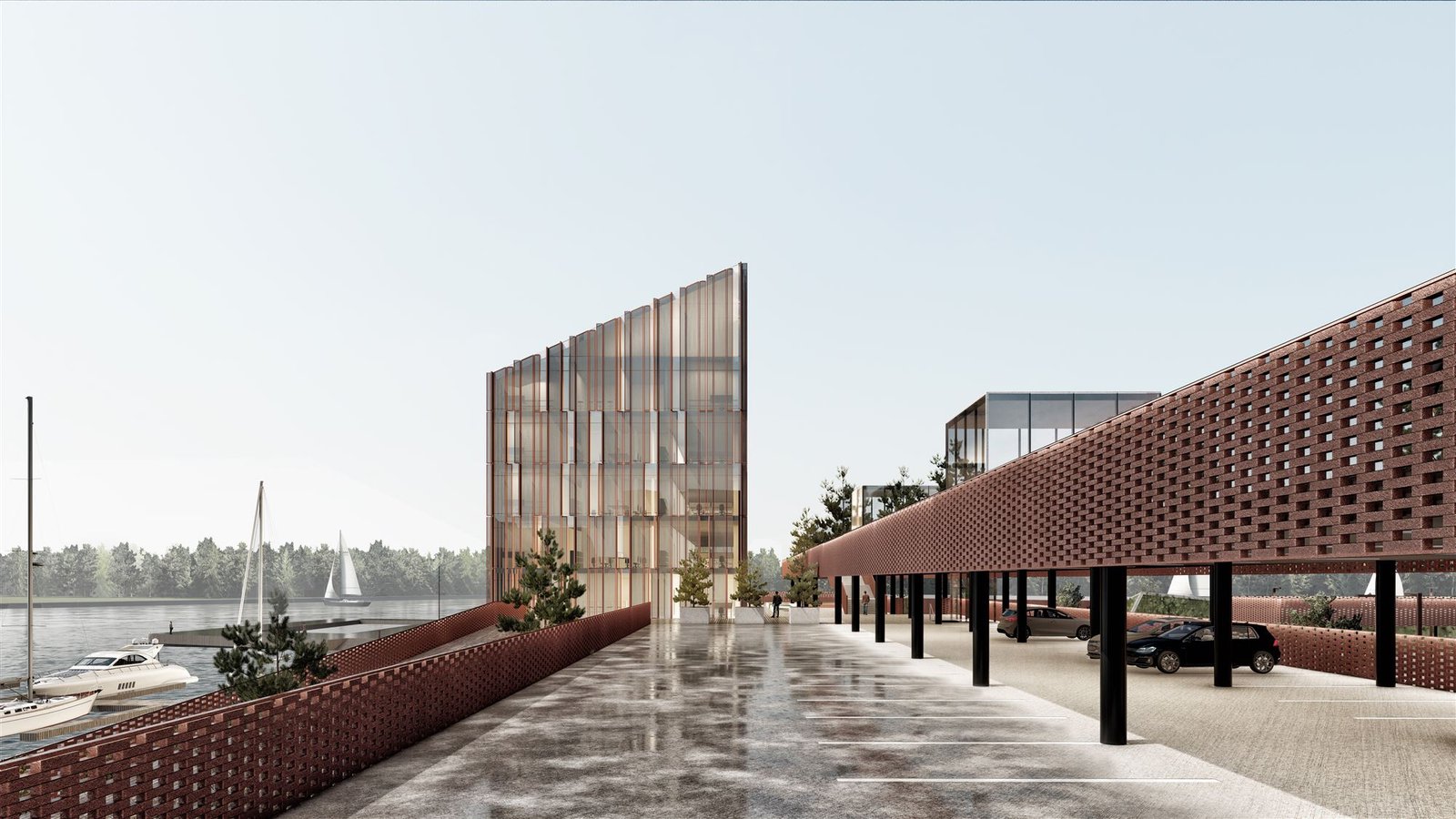 Kuršių vartai: perforuoto plytų mūro galerija palei krantinę ir prieplauką