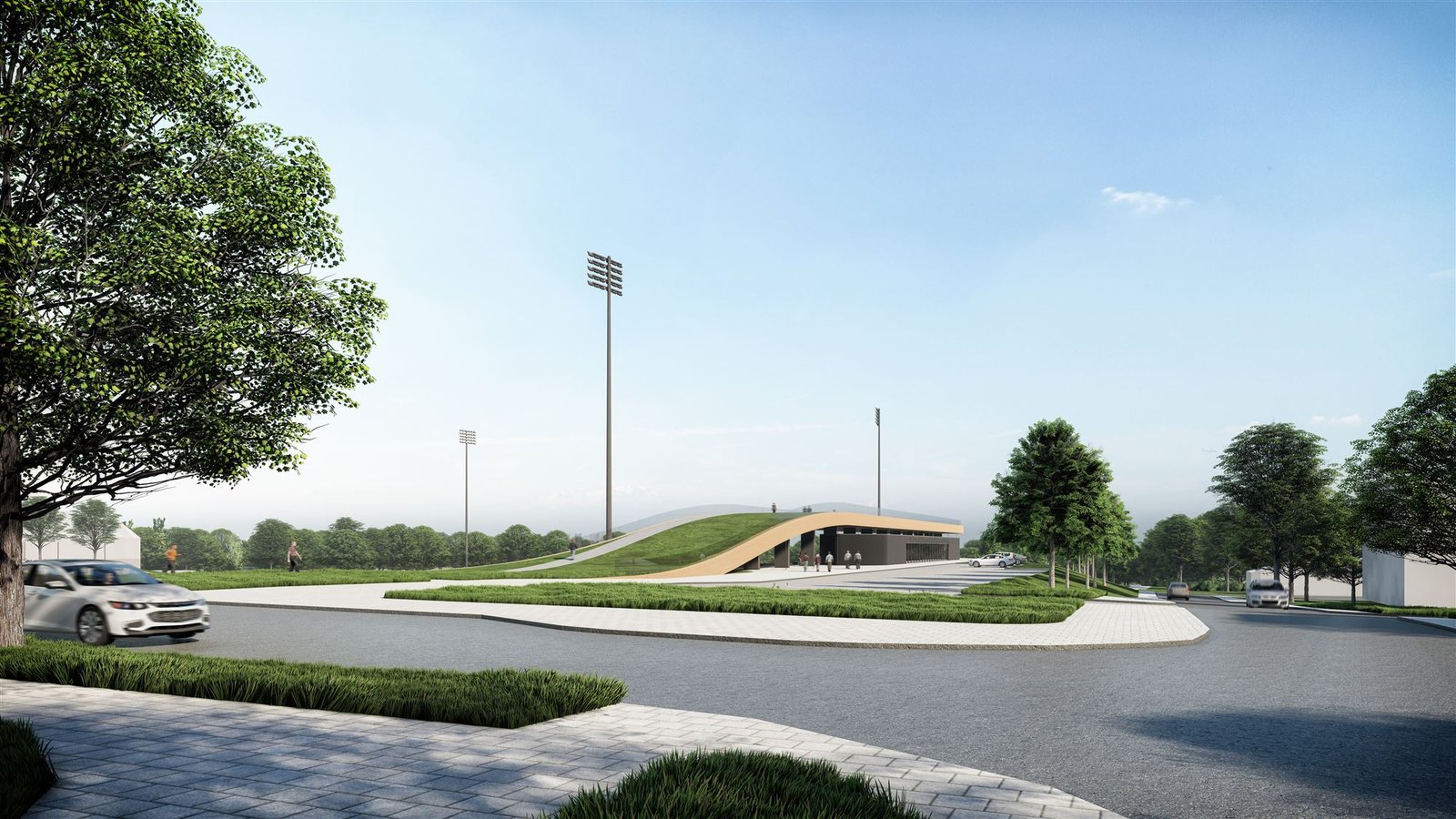 Žvėryno stadionas Vilniuje: privažiavimas prie tribūnų su žaliu stogu
